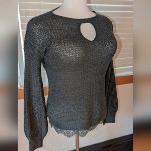 Hem & Thread Gray Knit Sweater with Lace Hem